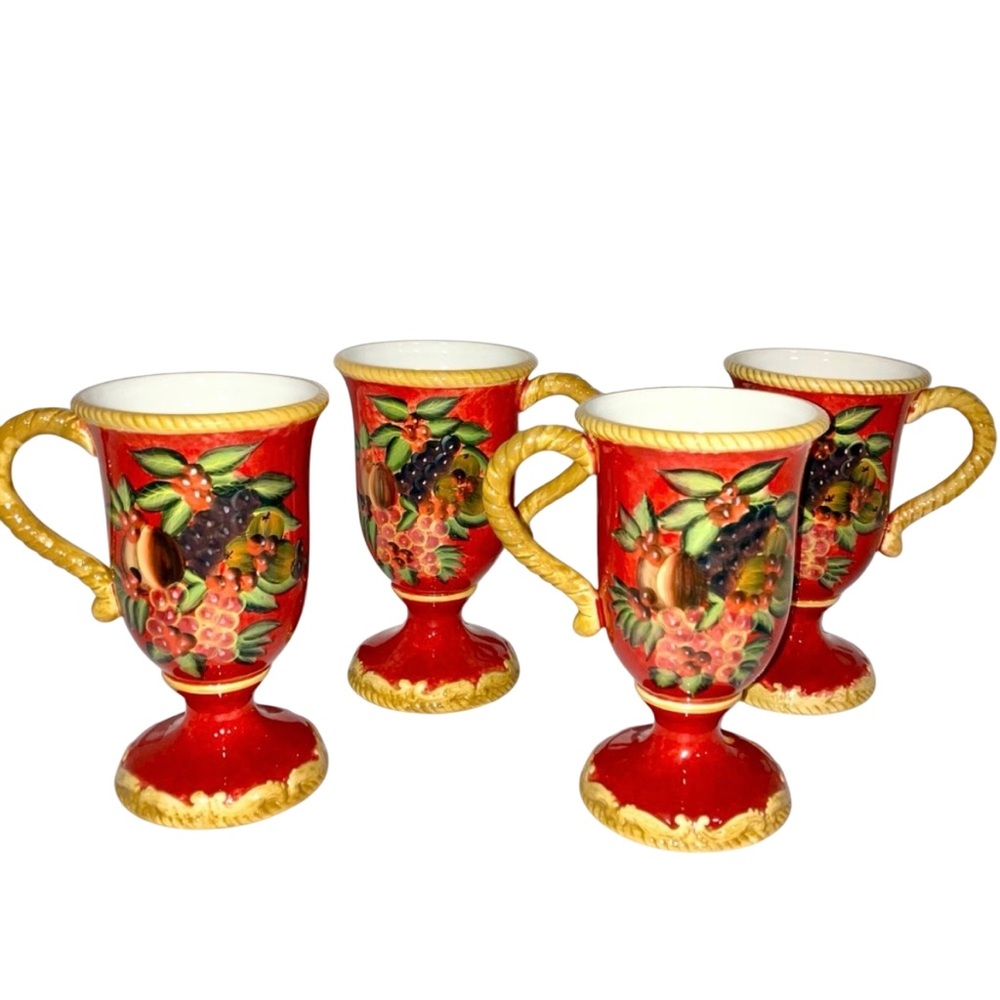Raymond Waites Tuscany Red Pedestal Mugs Ceramic Gold Rim Fruit Pattern Set of 4